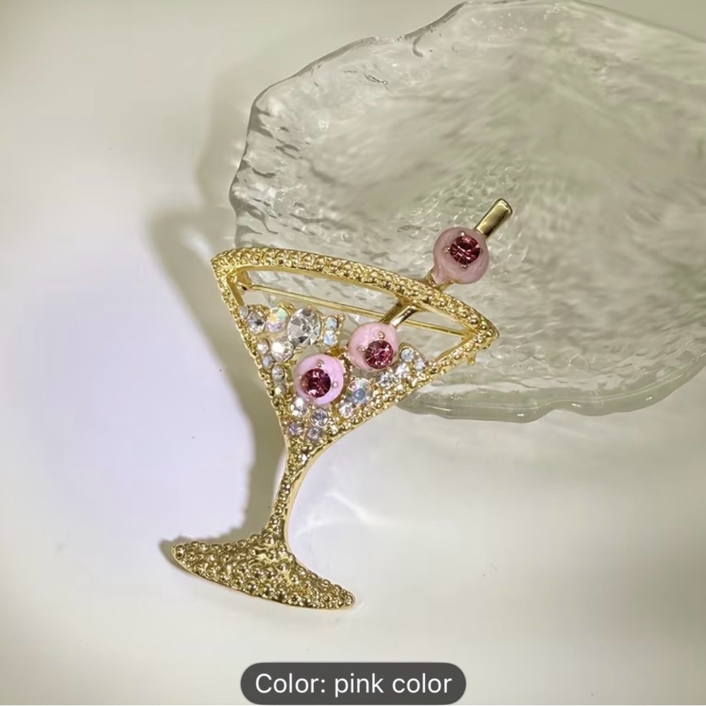Elegant Gold and Pink Cocktail Glass Brooch